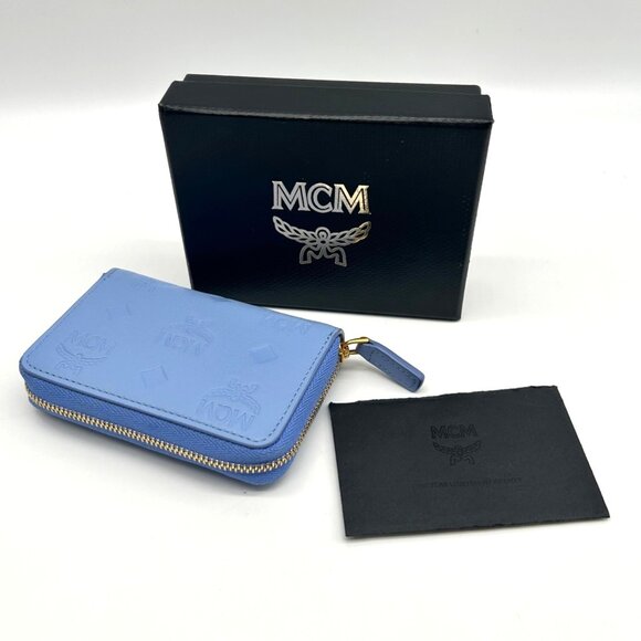 MCM Aren Della Robbia Blue Embossed Monogram Leather Card Case - Picture 10 of 12